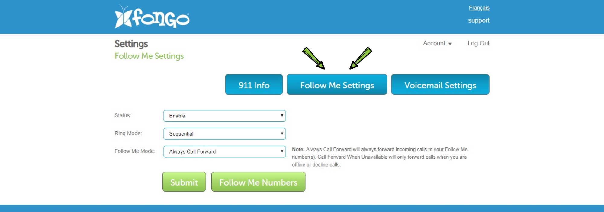 Fongo Follow Me Settings Screenshot