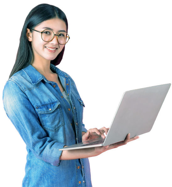 Woman with laptop, signing up for Fongo Internet.