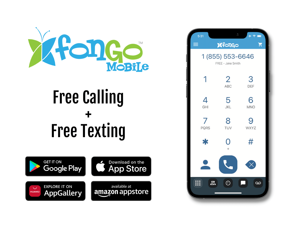 Free Calling and free texting on Fongo Mobile, free to download on the apple appstore, google play store, huawei appgallery, and amazon appstore.