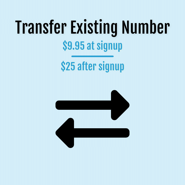 Transfer your existing phone number for $9.95 at signup or $25 after signup.