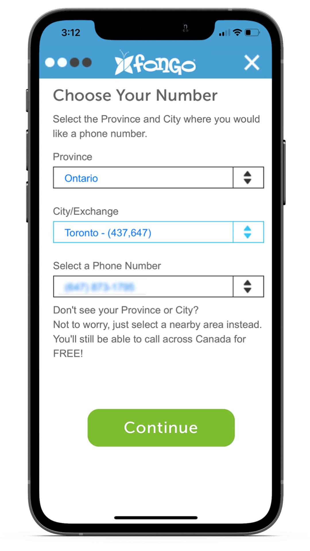 choosing your number in the Fongo Mobile app
