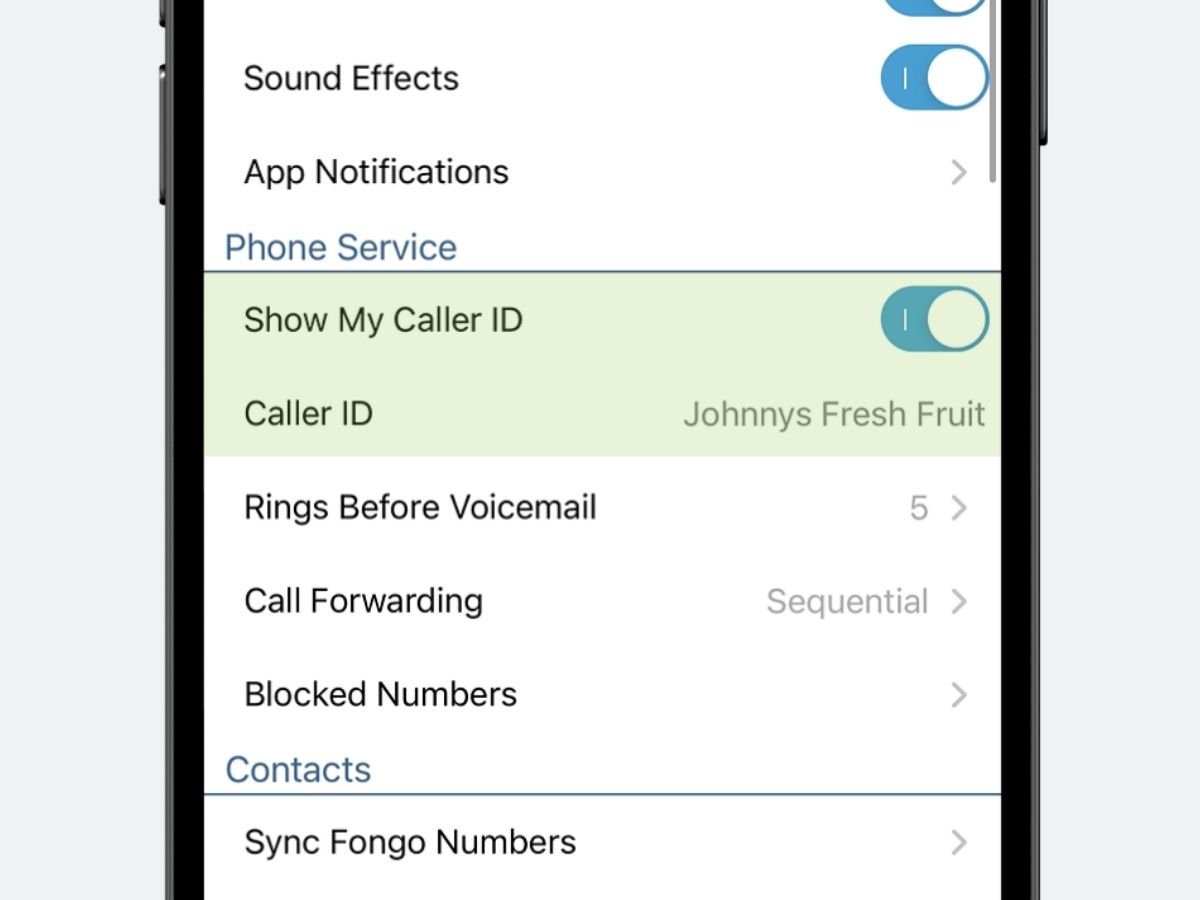 fongo mobile screen showing how to change caller ID with Remove Ads addon purchased