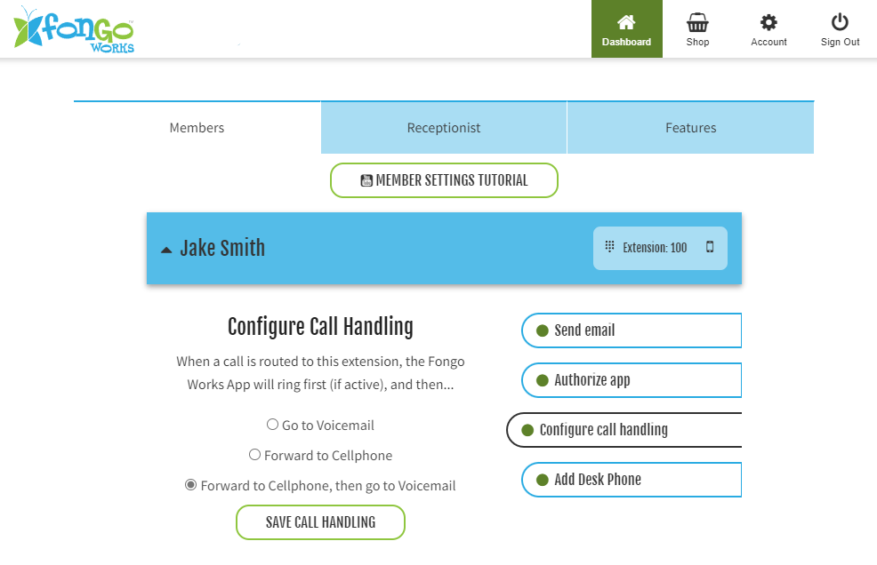 Forward to cell phone in the Fongo Works user portal