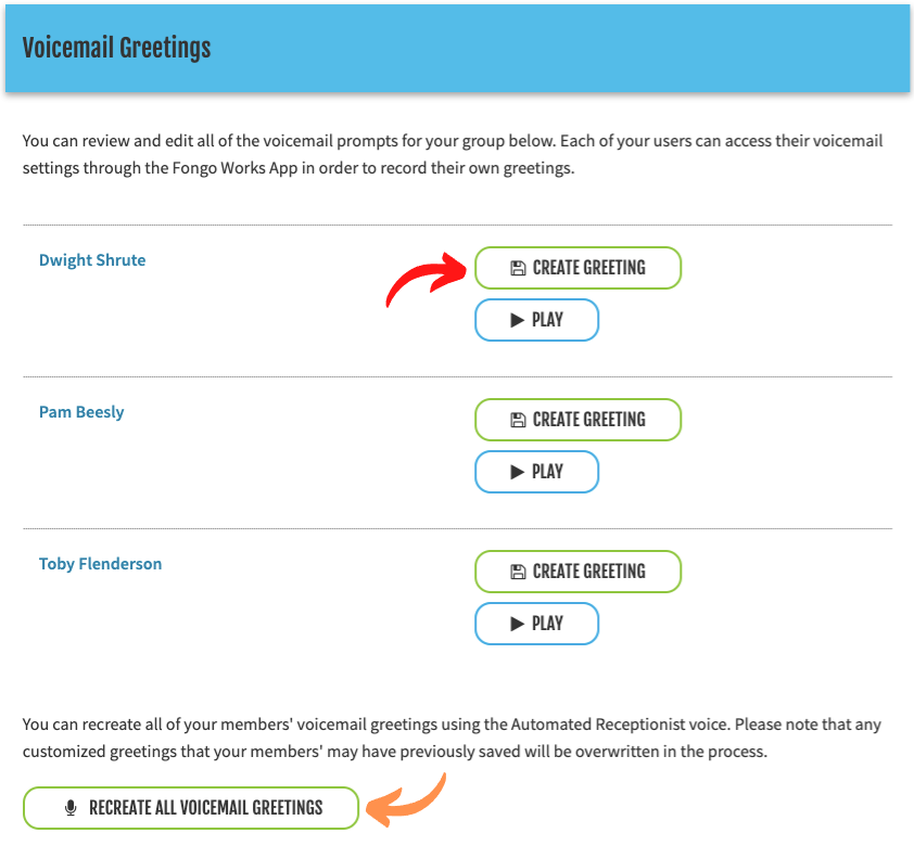 Fongo works screenshot of the user dashboard editing voicemail settings.