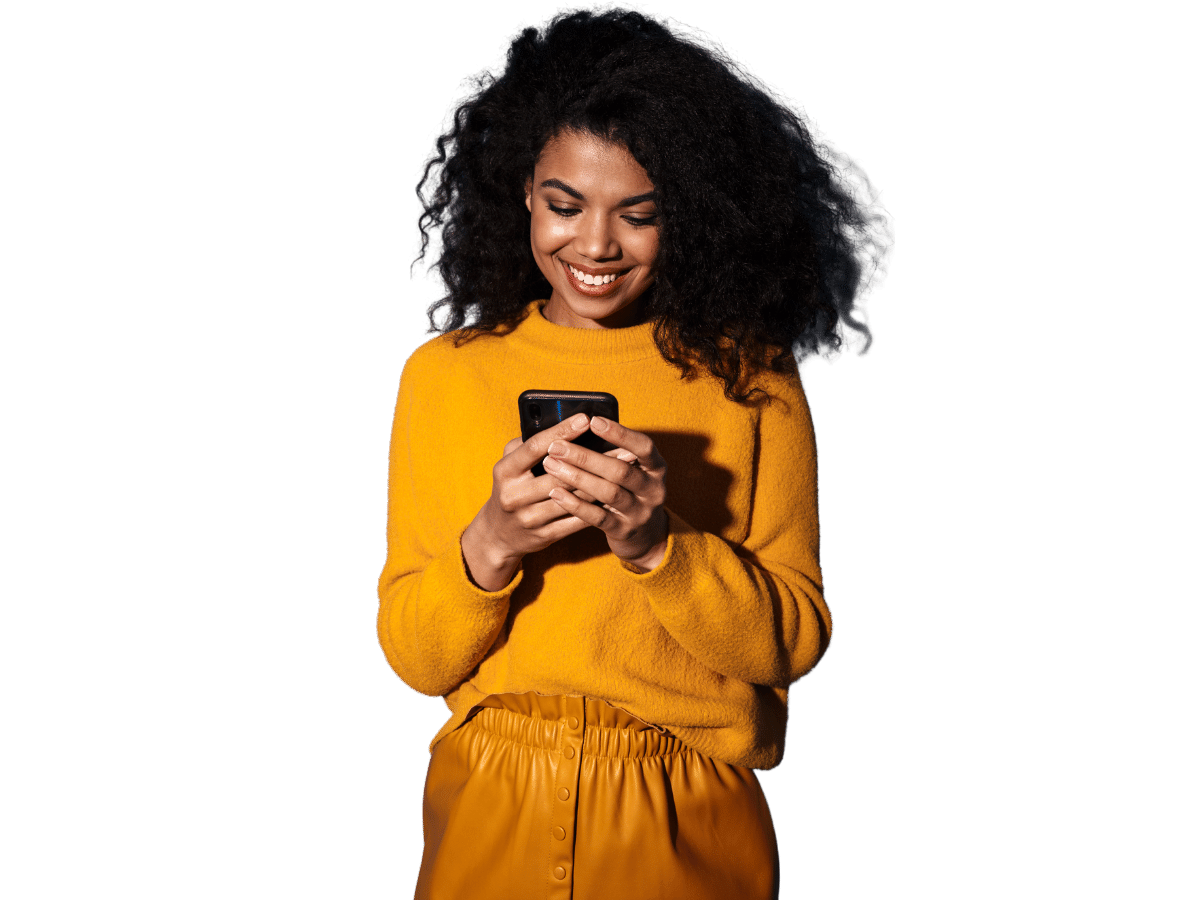 woman excited looking at her phone