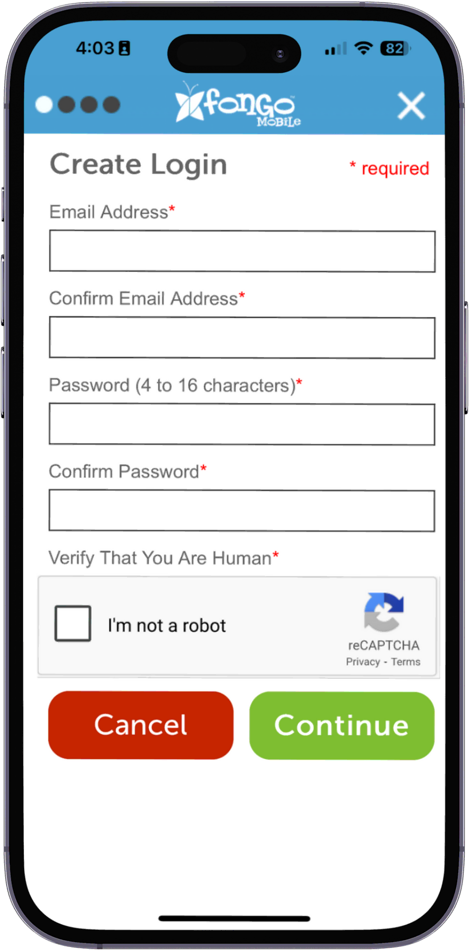 Signing up in the Fongo Mobile app