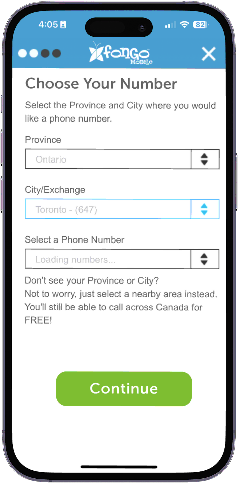 choosing your number in the Fongo Mobile app