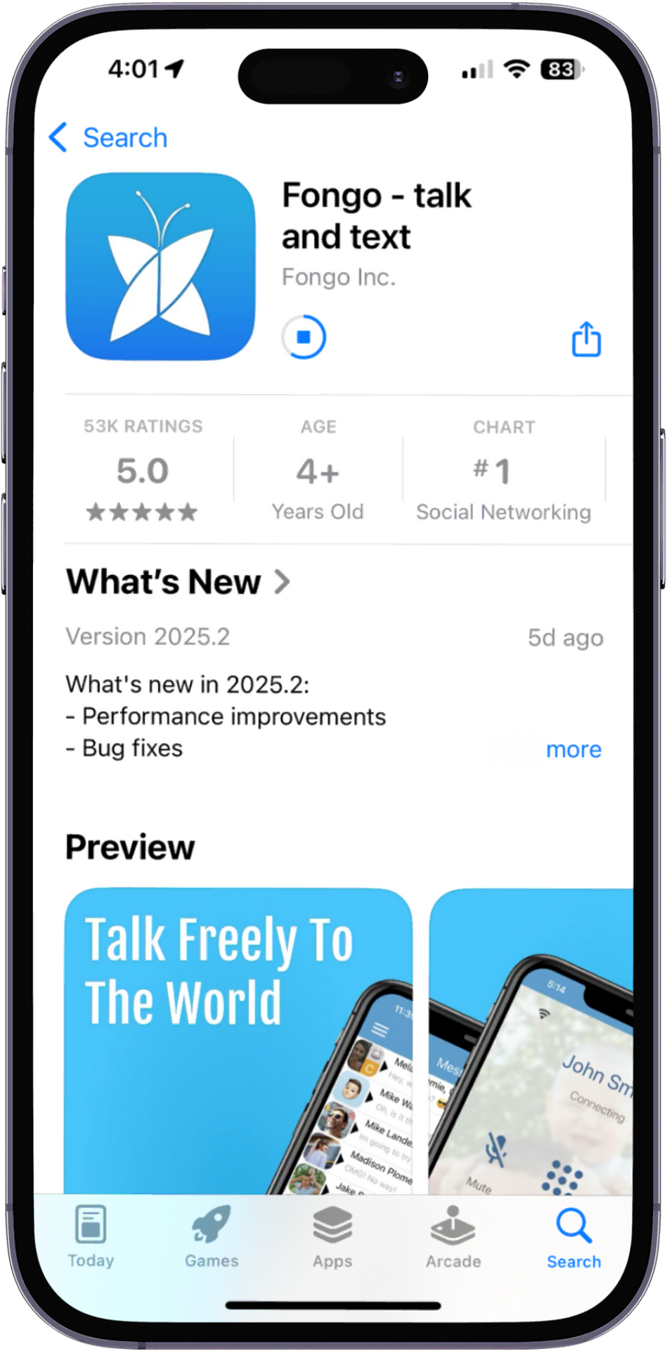 Downloading the Fongo Mobile app on the app store
