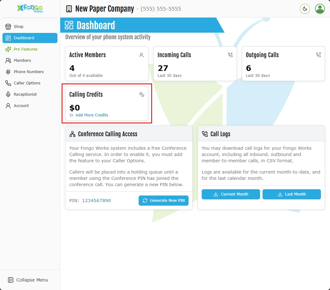 calling credits on fongo works dashboard