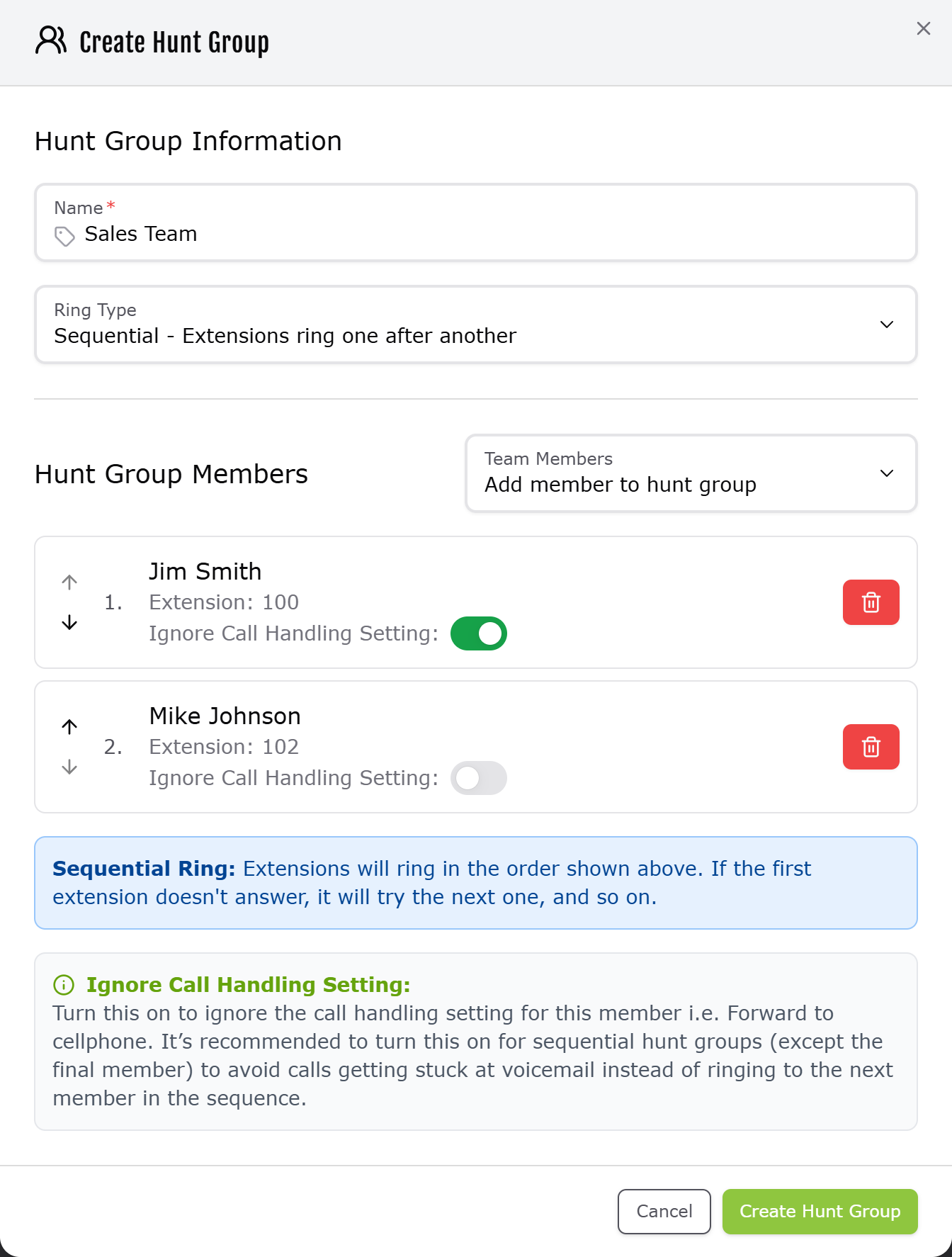 hunt group creation on Fongo Works dashboard