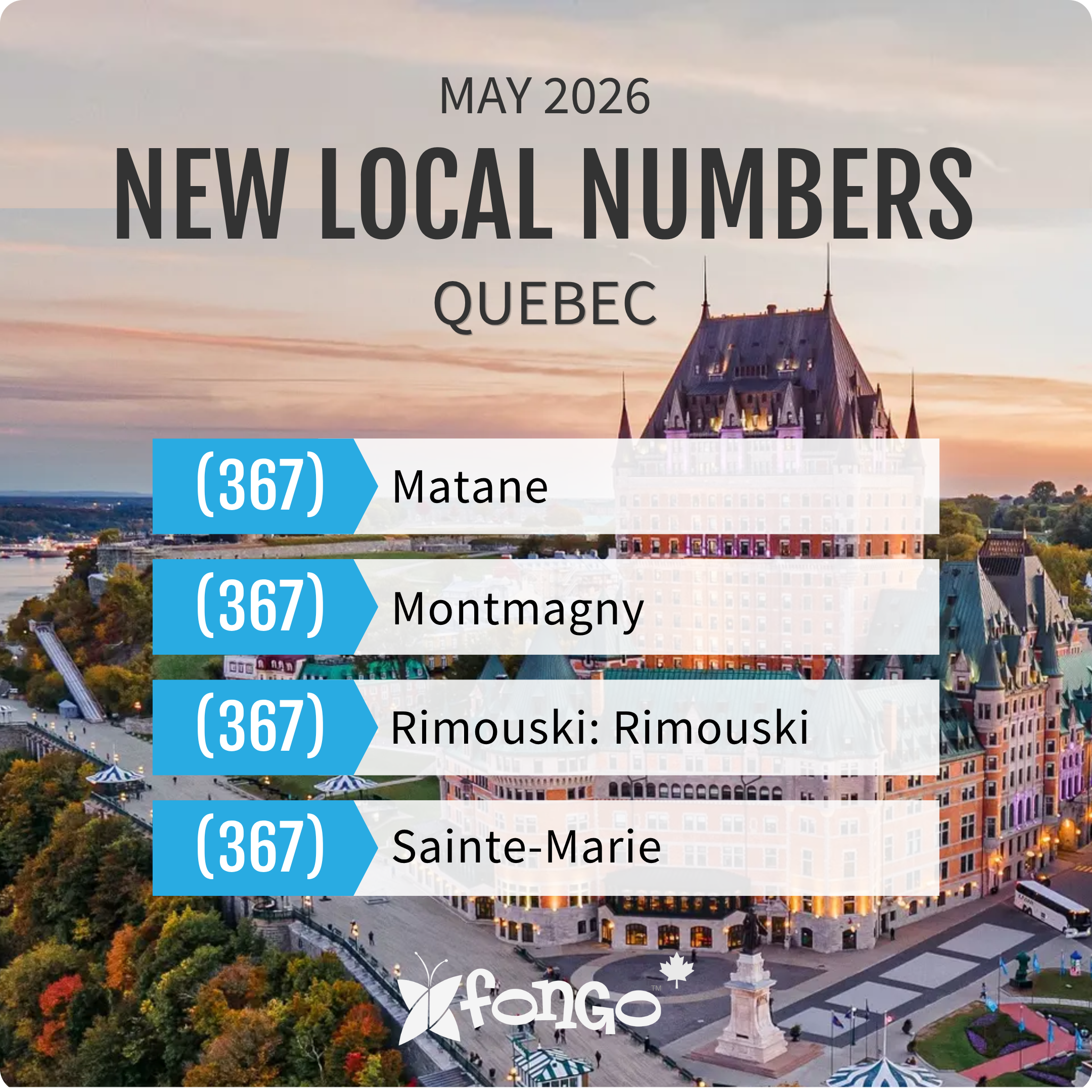 Banner announcing 'May 2026: New Local Numbers – Quebec' over a city skyline backdrop.
