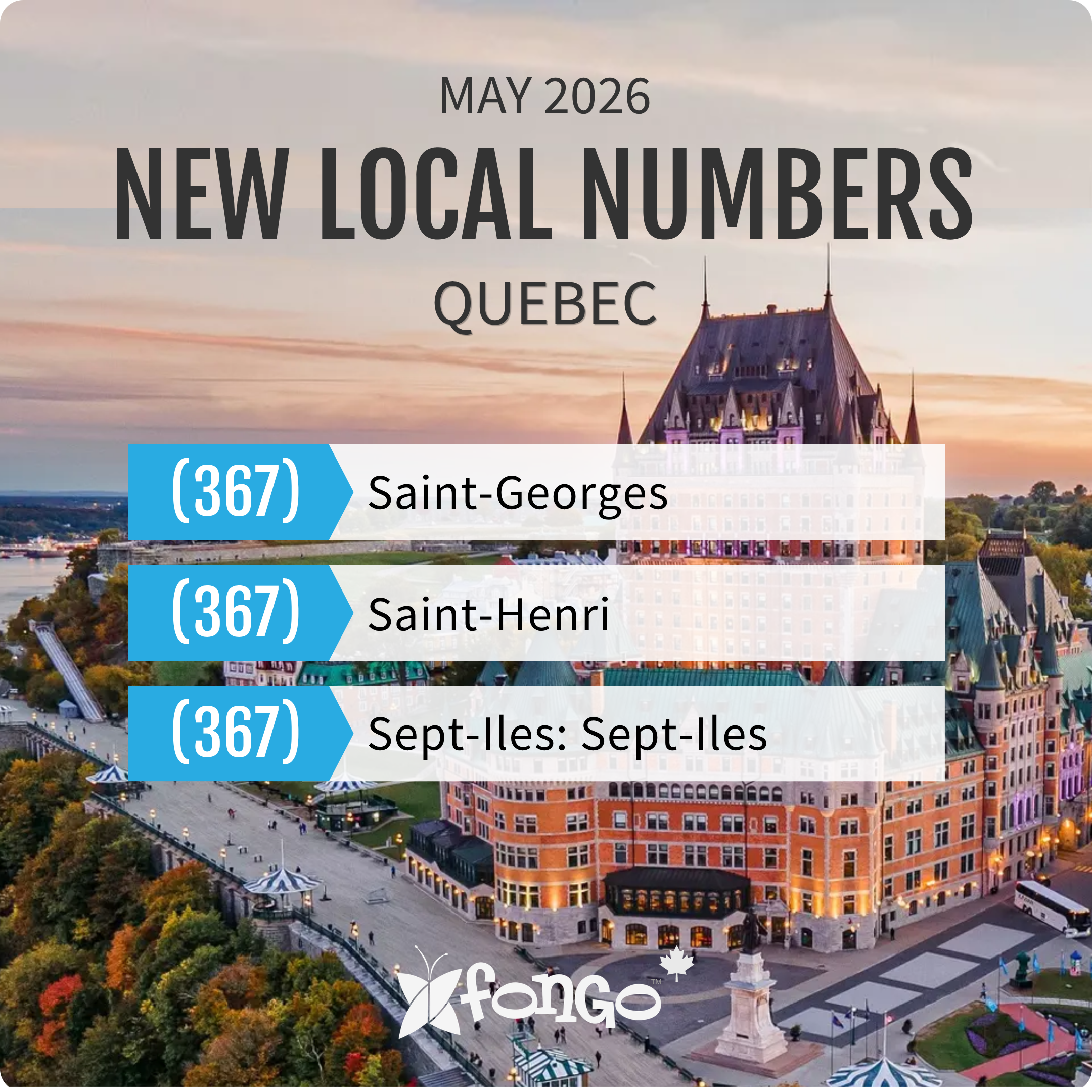 May 2026 banner announcing New Local Numbers in Quebec with a sunset city backdrop as context for the promotion.