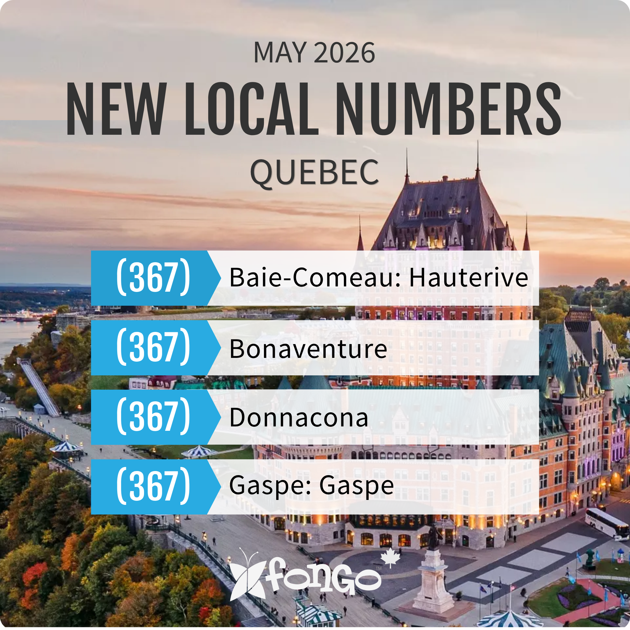 Promotional banner showing 'MAY 2026 NEW LOCAL NUMBERS QUEBEC' over a cityscape background.