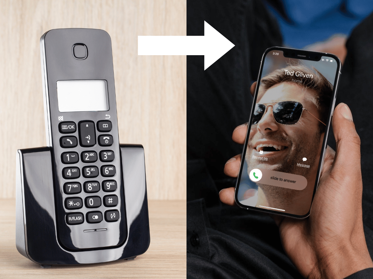 Split image showing a desk landline phone on the left and an iPhone with an incoming call on the right, connected by a white arrow - illustrating transferring a call from landline to mobile.
