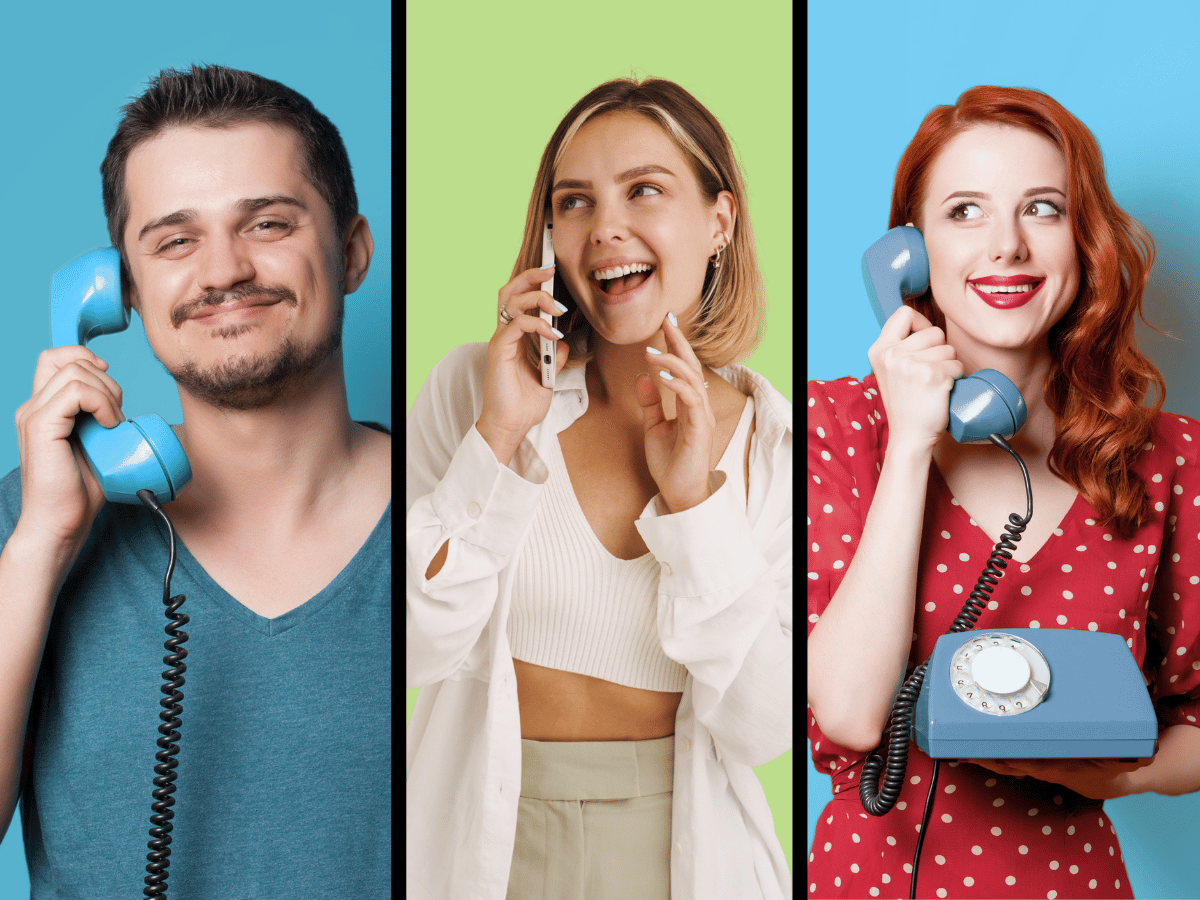 Three people using blue corded phones, shown in vertical panels with bright backgrounds (left, middle, right).