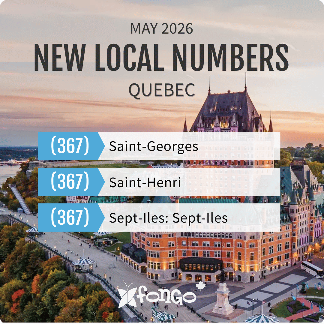 Promotional banner showing 'MAY 2026 NEW LOCAL NUMBERS QUEBEC' over a cityscape background.