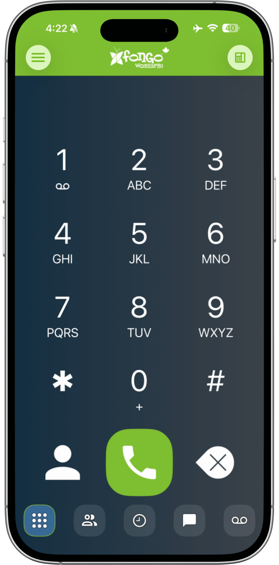 Phone dialer screen showing a numeric keypad with digits 1–9, *, 0, # and a green call button at the bottom of the screen.